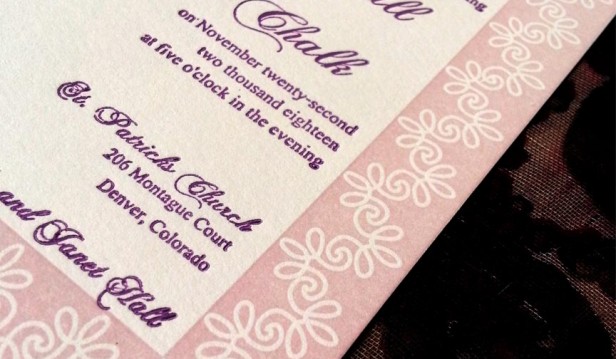 pink and purple flower printed wedding invitation
